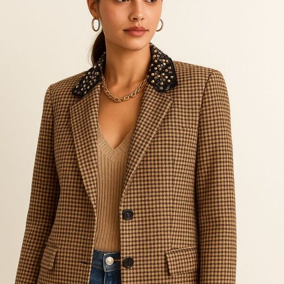 Lane Bryant Houndstooth Blazer Black and Tan with Embellished Collar Sz 16 - Picture 10 of 10